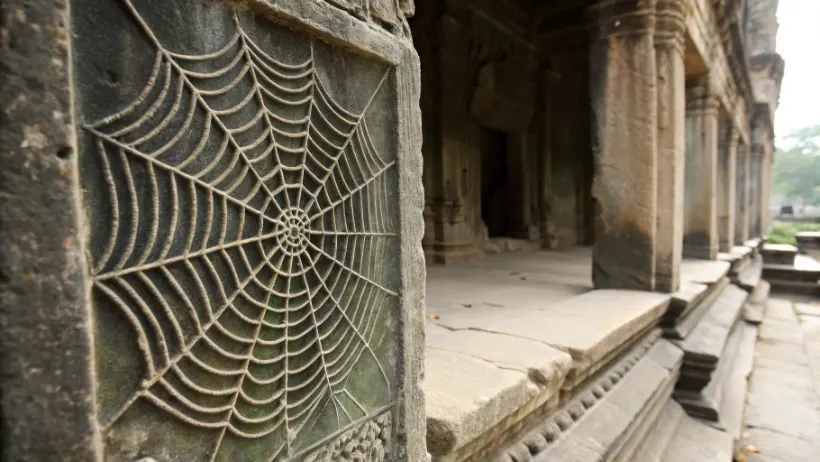 Ancient temple stone carving depicting spider web pattern symbolizing fate and destiny in spiritual traditions