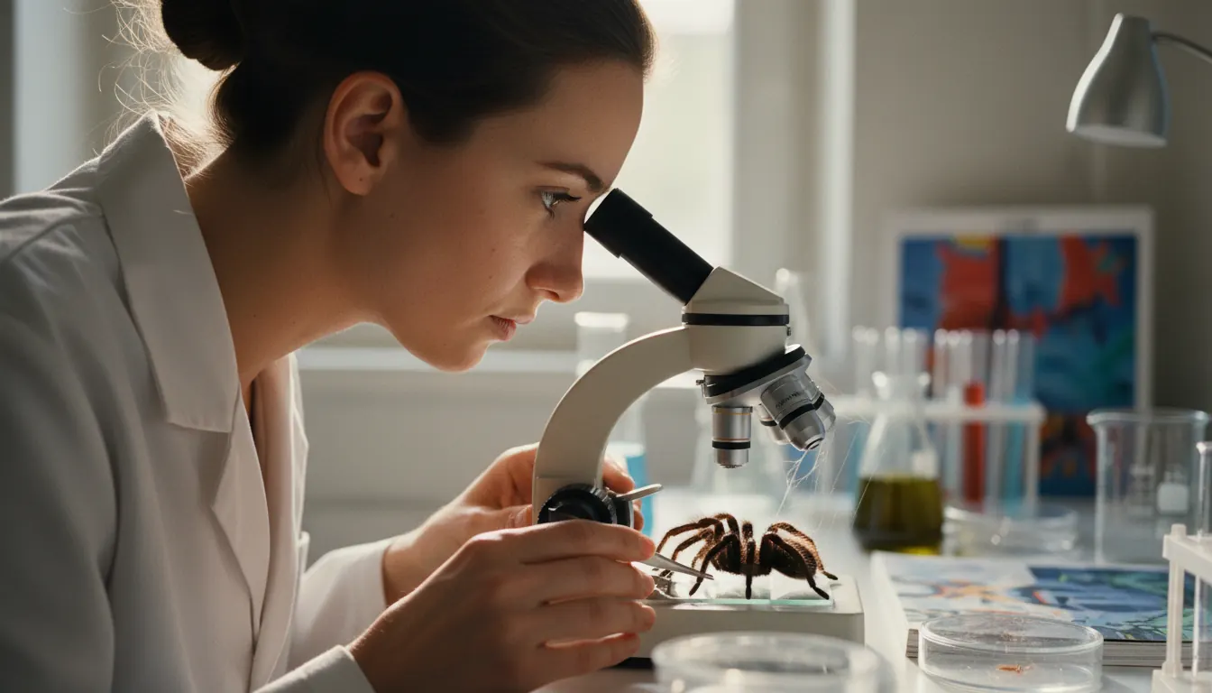 Scientist examining a venomous spider specimen under laboratory microscope