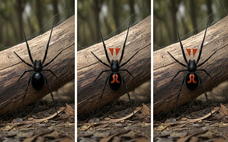 Side by side comparison showing three black widow species with distinctive hourglass marking variations