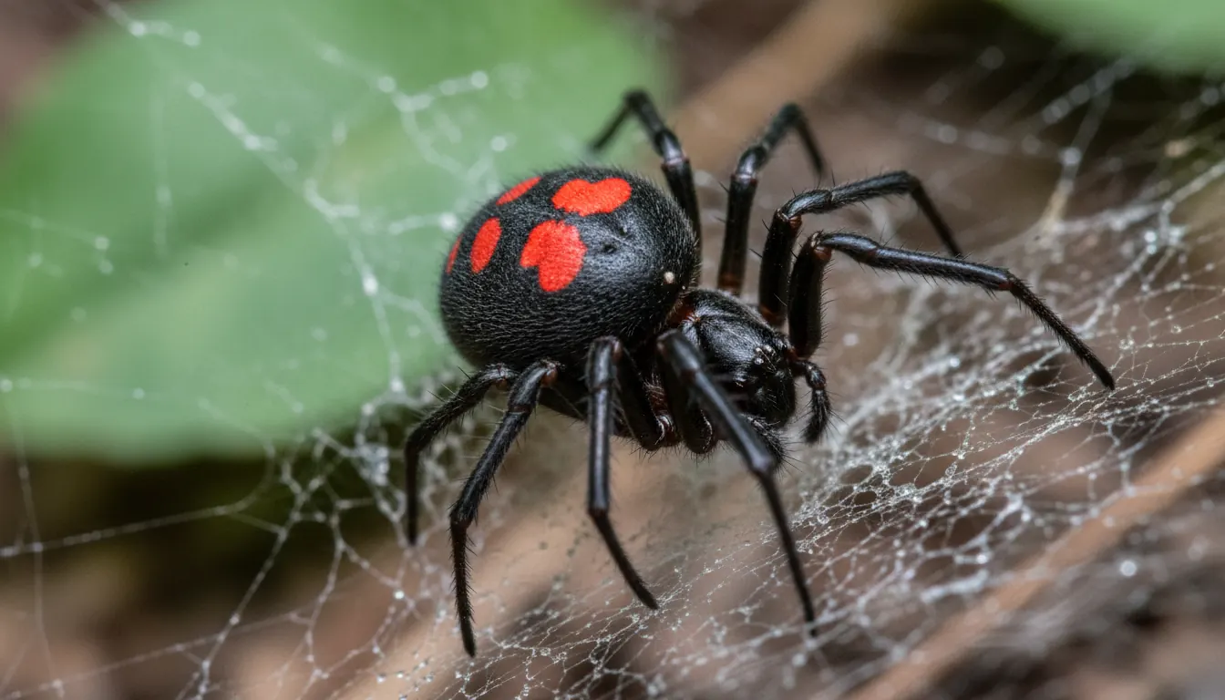 Close-up of black widow spider showing distinctive red hourglass marking on abdomen