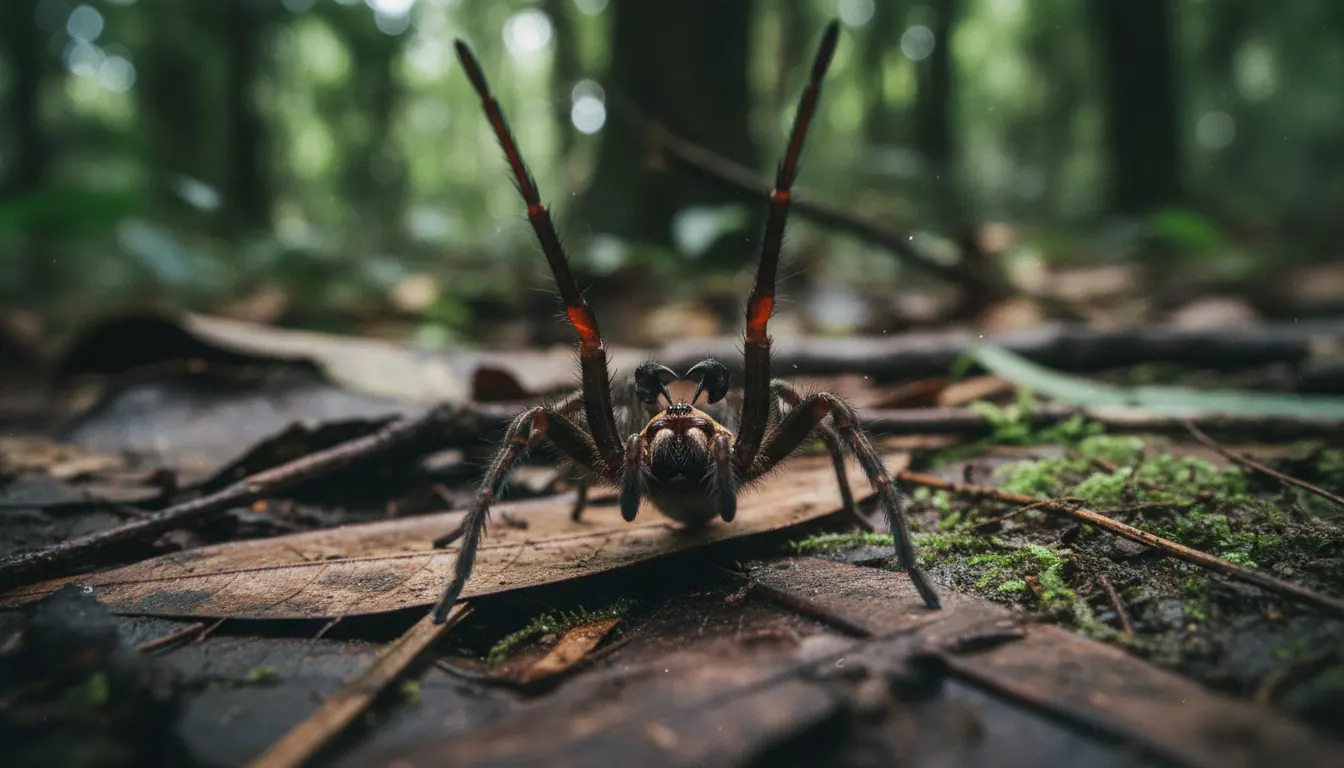 Brazilian wandering spider in defensive position with raised front legs on forest floor