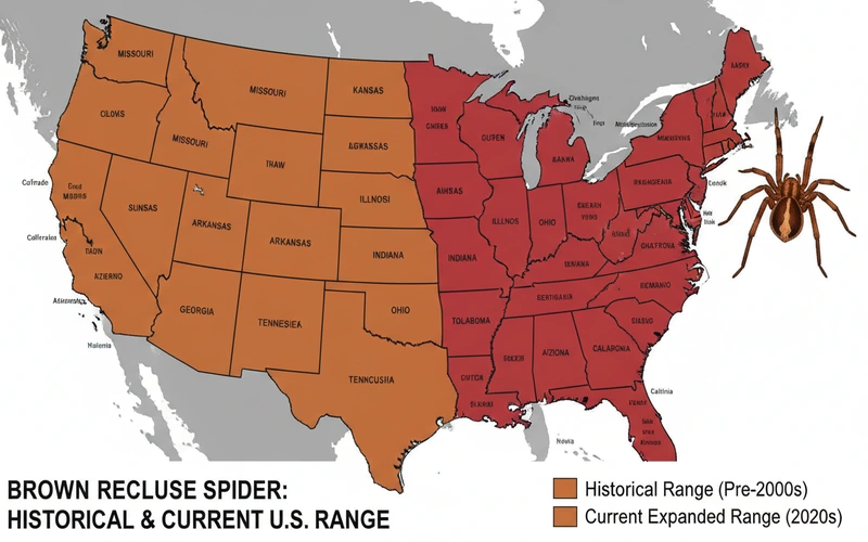 Map showing brown recluse spider historical range in orange and expanded current range in red across United States