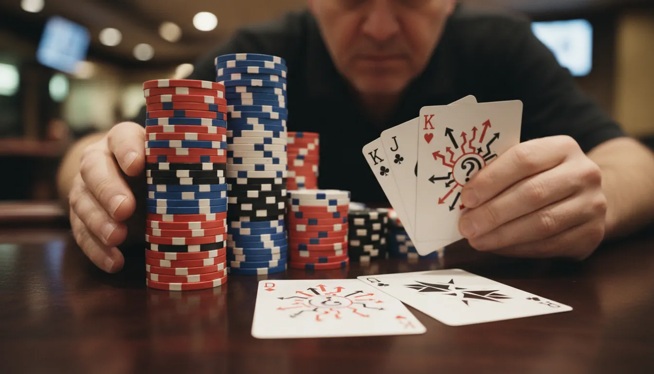 Casino gambling chips stacked on table with playing cards showing probability and risk concepts