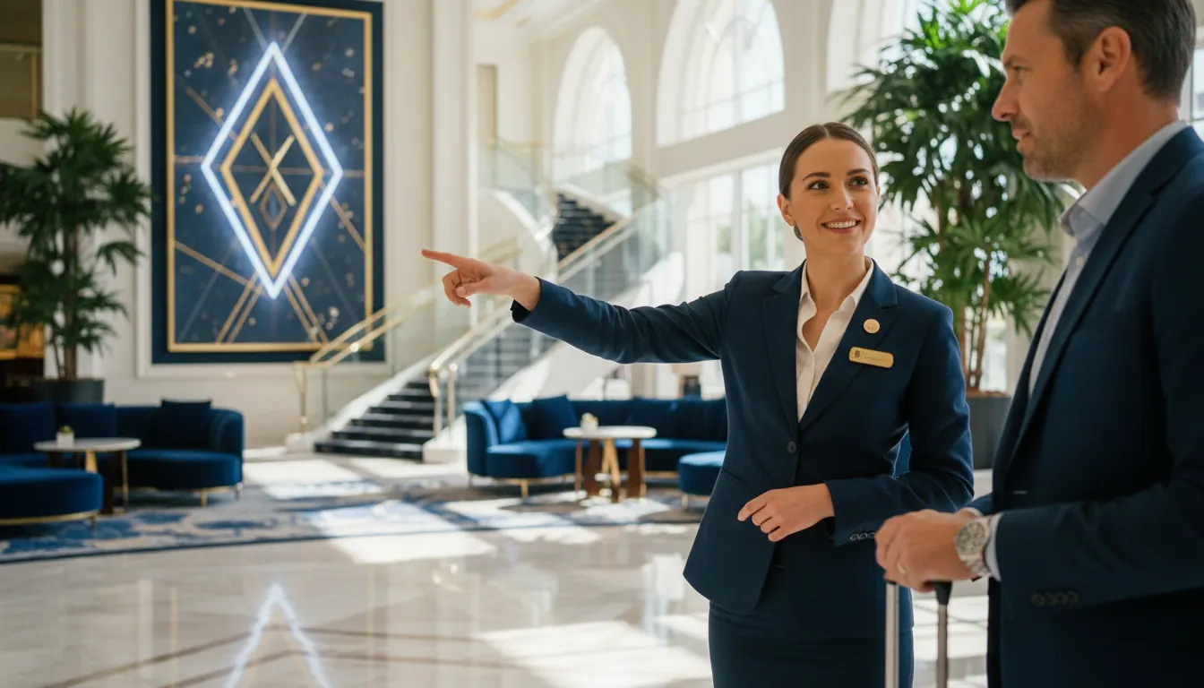 Professional hospitality staff member providing assistance to guest in modern casino hotel lobby