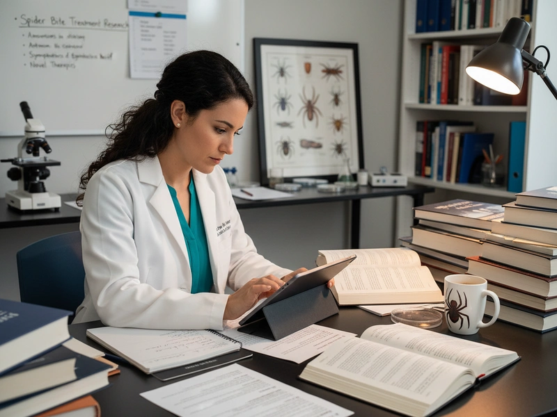 Dr. Sarah Martinez reviewing spider bite treatment research