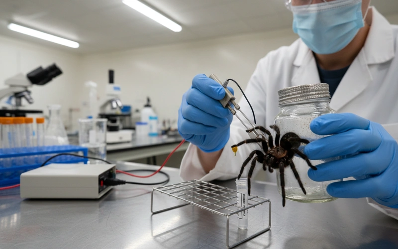 Laboratory technician performing venom extraction from Sydney funnel web spider using electrical stimulation equipment
