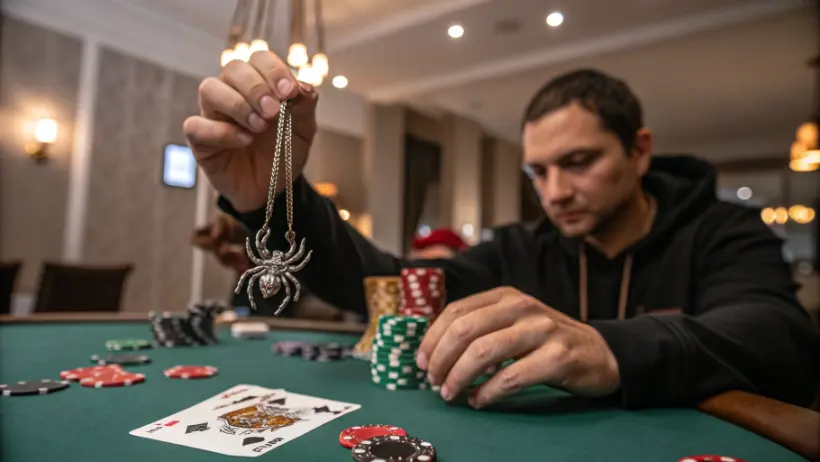 Poker player holding spider pendant charm while sitting at card table with poker chips and playing cards