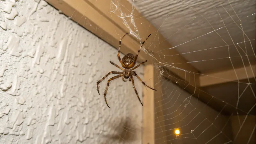 A brown house spider sitting in the center of its cobweb in the corner of a home