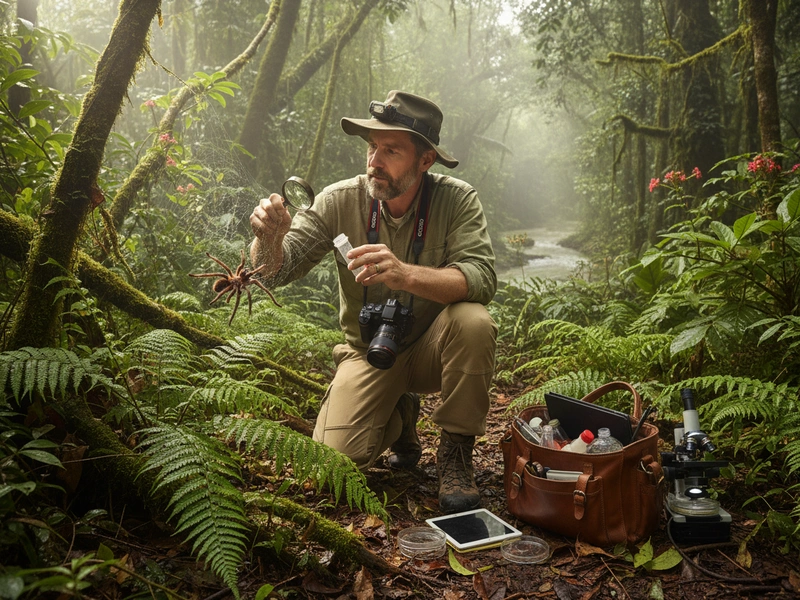 James Crawford conducting spider habitat field research