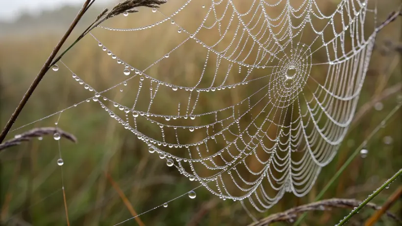 Close-up photograph of spider web covered in morning dew drops showing perfect geometric spiral pattern