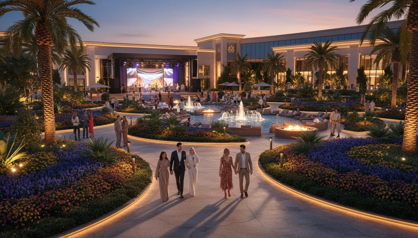 Landscaped outdoor areas at casino resort showing gardens and entertainment spaces at twilight
