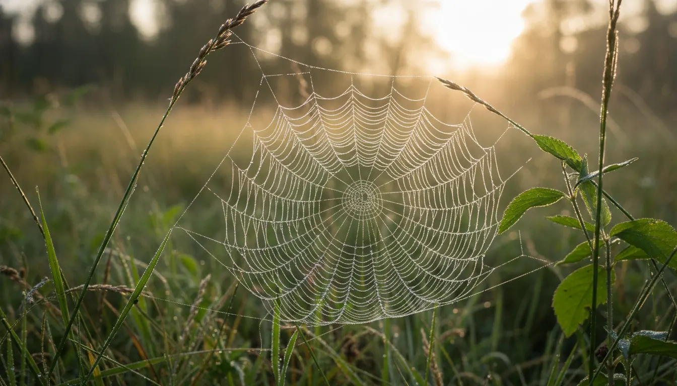 Delicate spider web with morning dew drops in natural outdoor setting