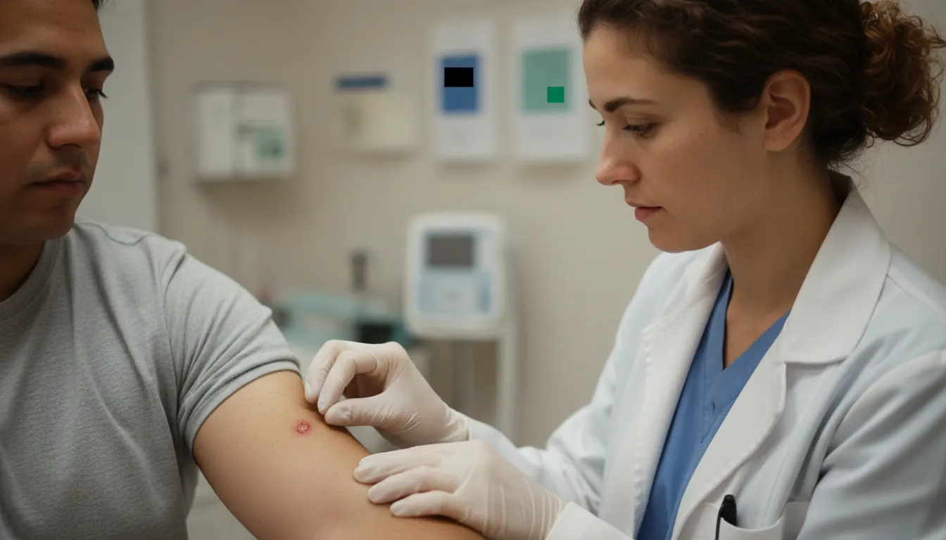 Medical professional examining mild spider bite on patient arm showing slight redness