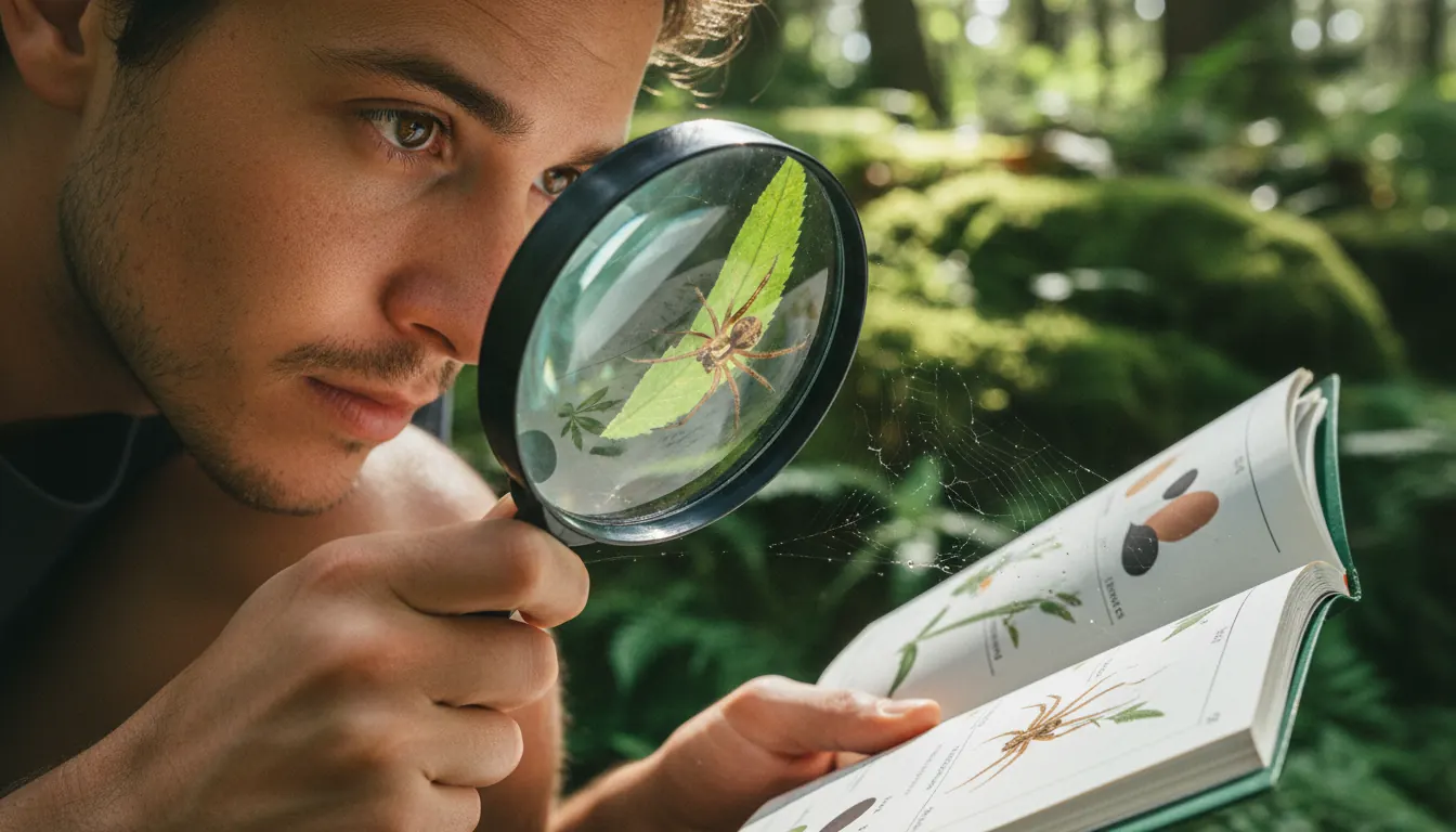 Person using magnifying glass and field guide to safely identify spider species in natural environment