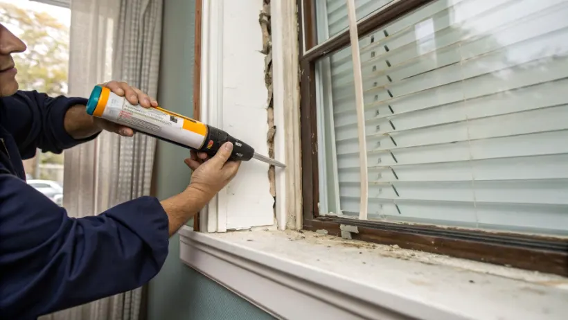 A person using a caulking gun to seal gaps around a window frame to prevent spiders from entering