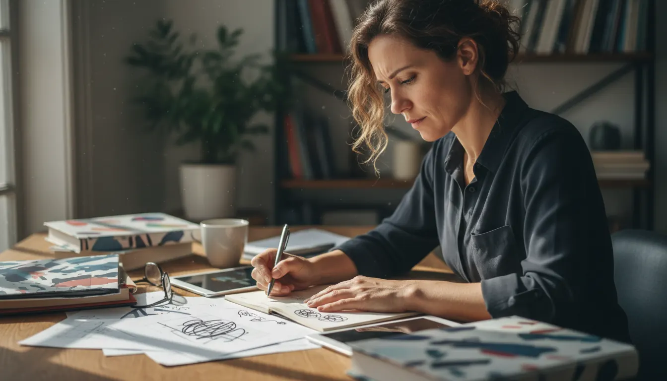 Thoughtful person sitting at desk making careful decisions while reviewing information