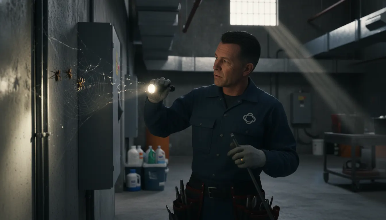 Professional pest control technician conducting spider inspection in casino resort maintenance area