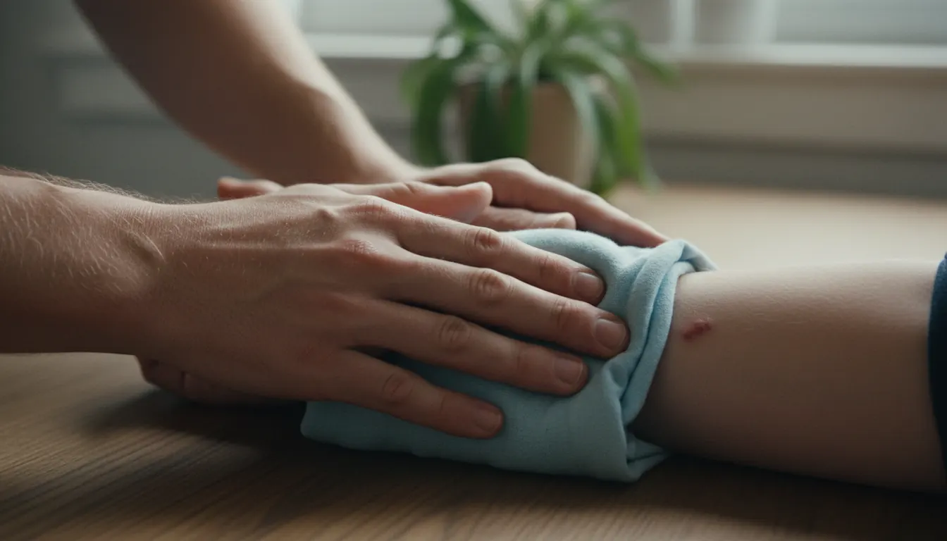 Person applying cold compress wrapped in cloth to arm showing proper spider bite first aid technique