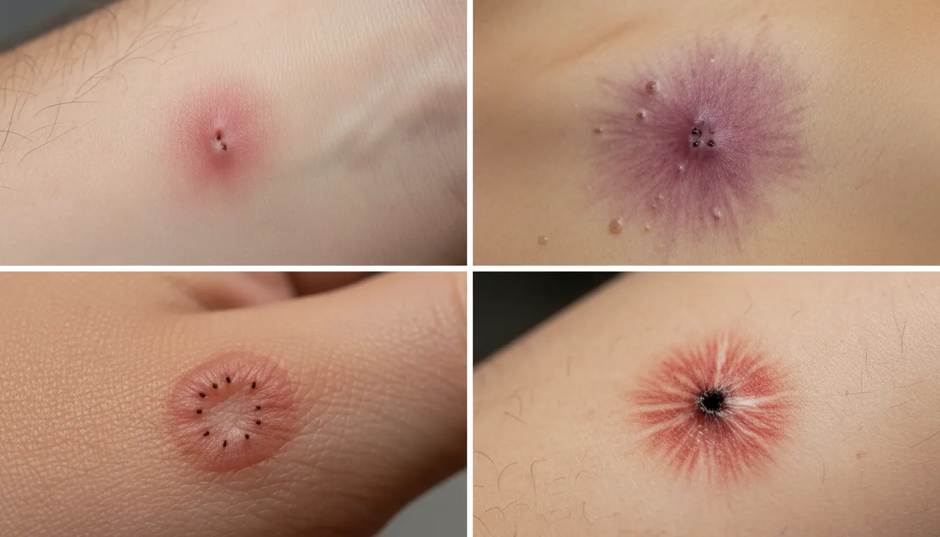 Close-up comparison of different spider bite marks showing puncture patterns and surrounding inflammation