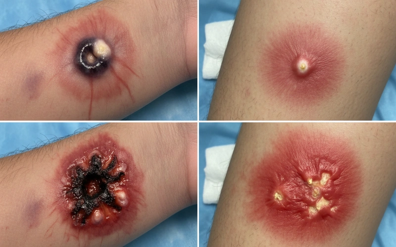 Medical comparison showing spider bite versus MRSA infection progression over 72 hours