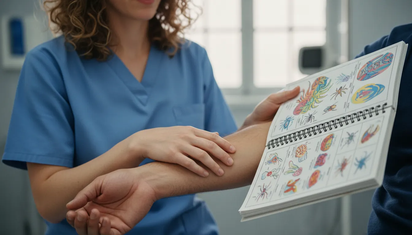 Medical professional examining spider bite symptoms with identification reference guide