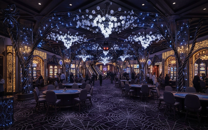 Casino gaming area featuring spider web patterns in carpet design and decorative elements