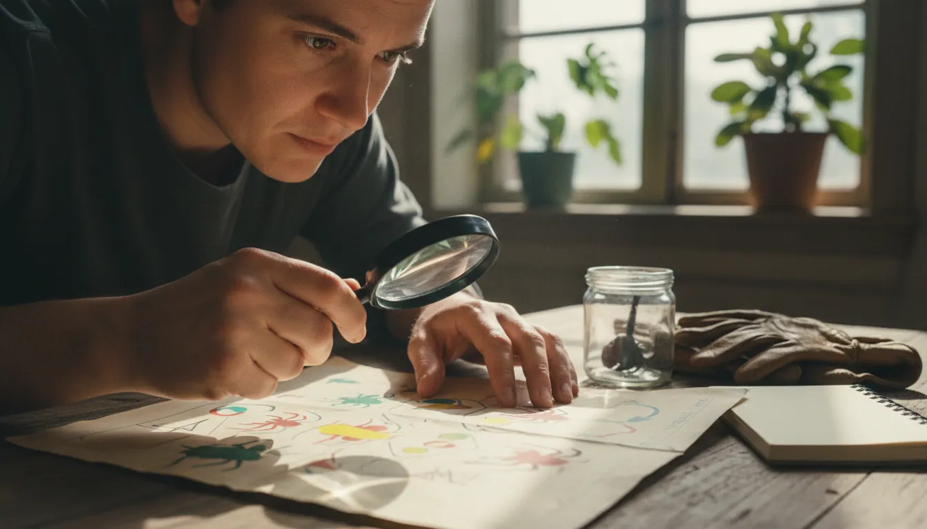Person examining spider identification chart while making risk assessment decisions