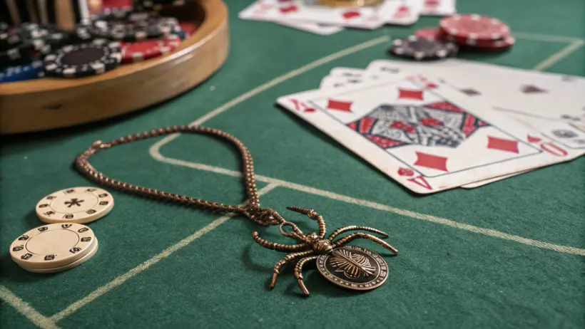 Traditional spider amulet charm lying on green felt casino gaming table representing gambling superstitions