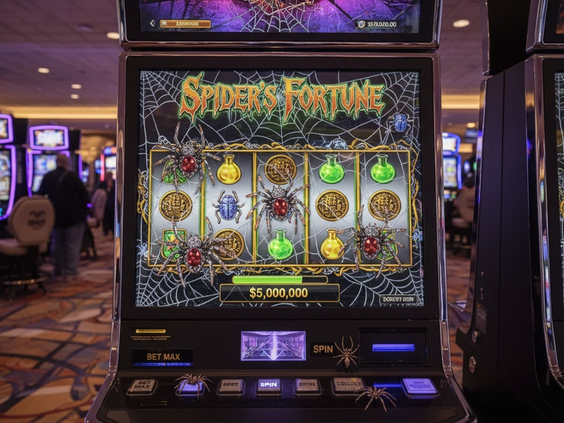 Casino slot machine with spider and web themed graphics showing colorful game interface
