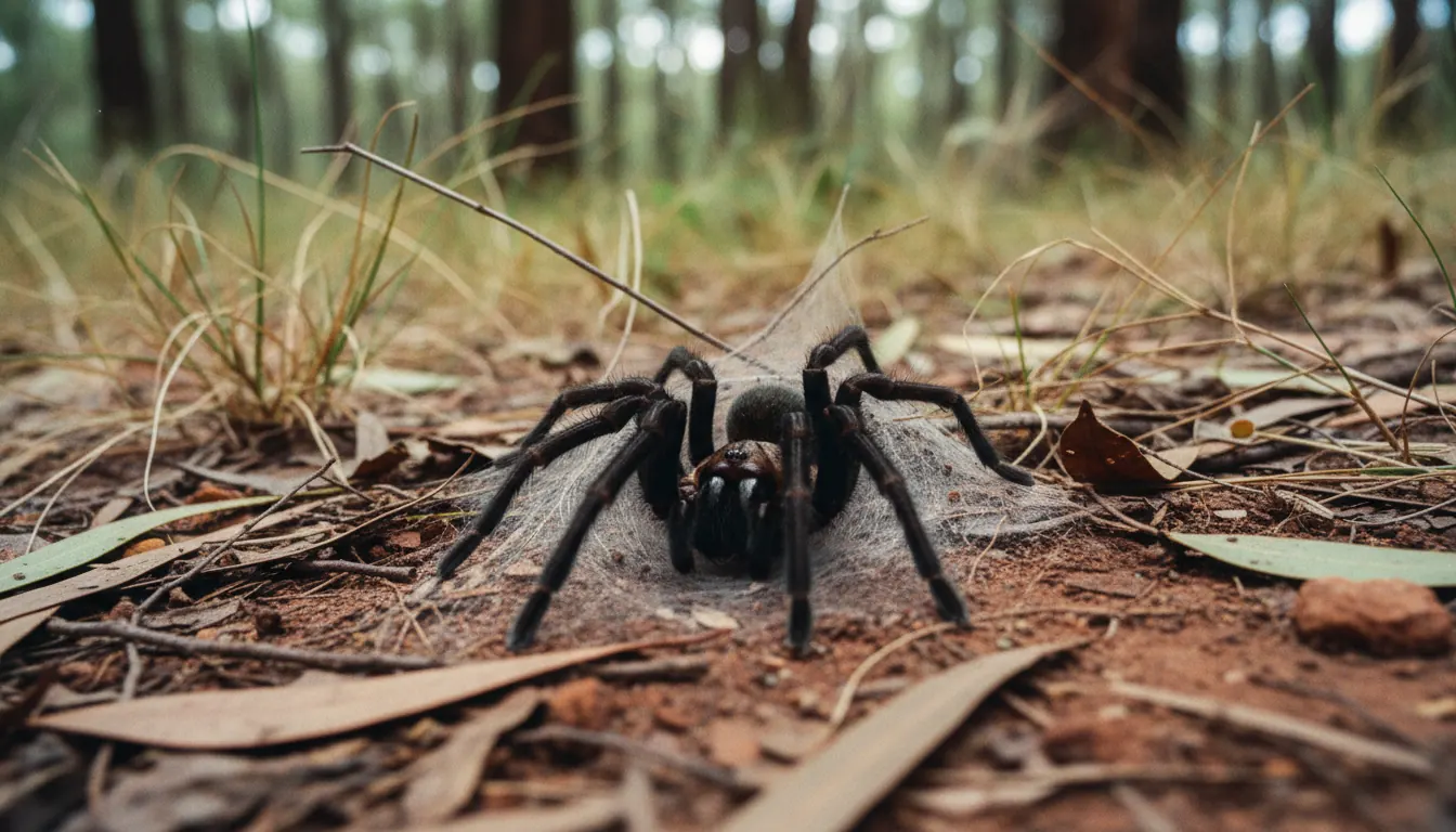 Sydney funnel web spider near burrow entrance in natural Australian habitat