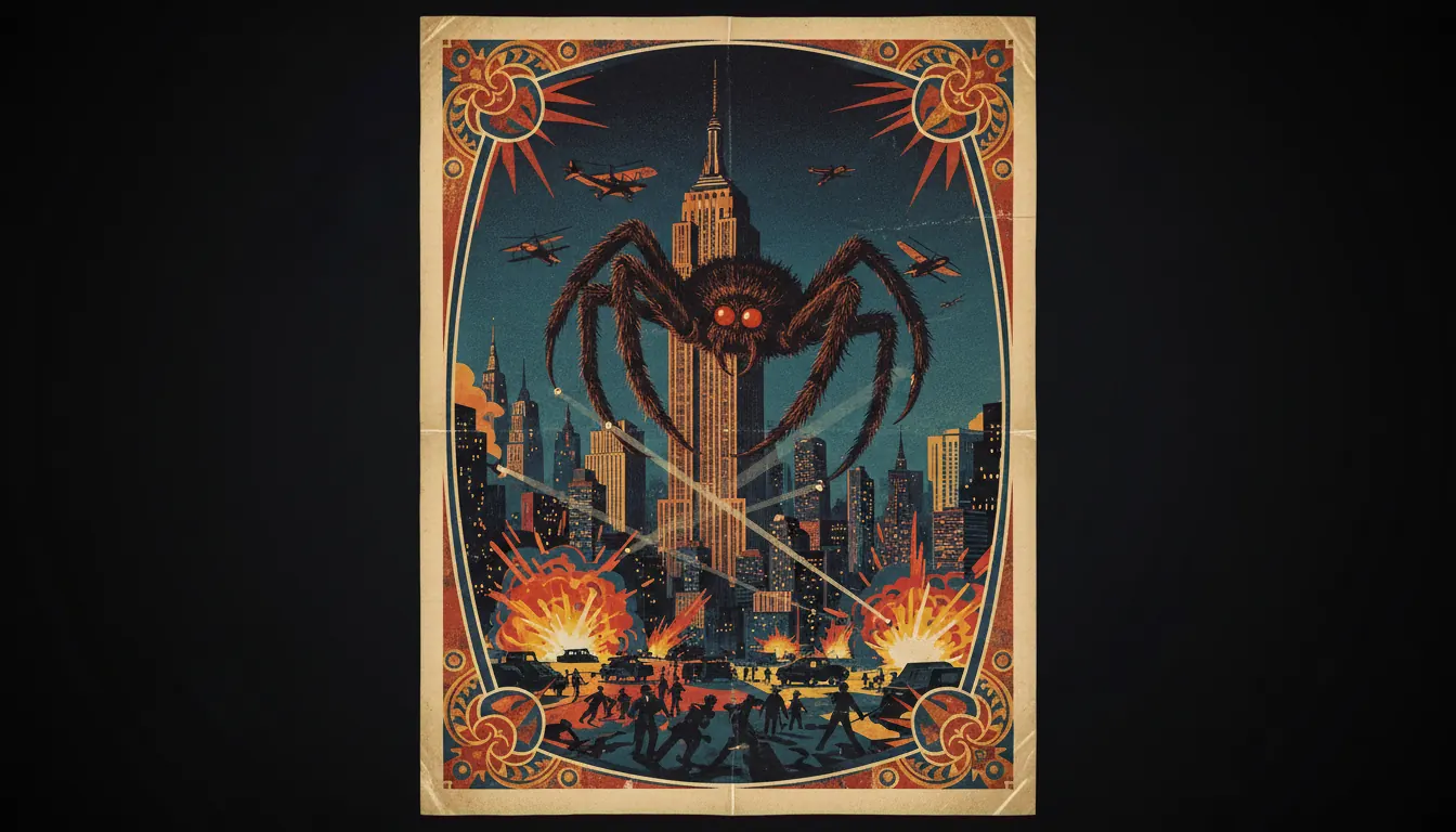 Vintage 1950s movie poster featuring giant spider attacking city with dramatic retro artwork