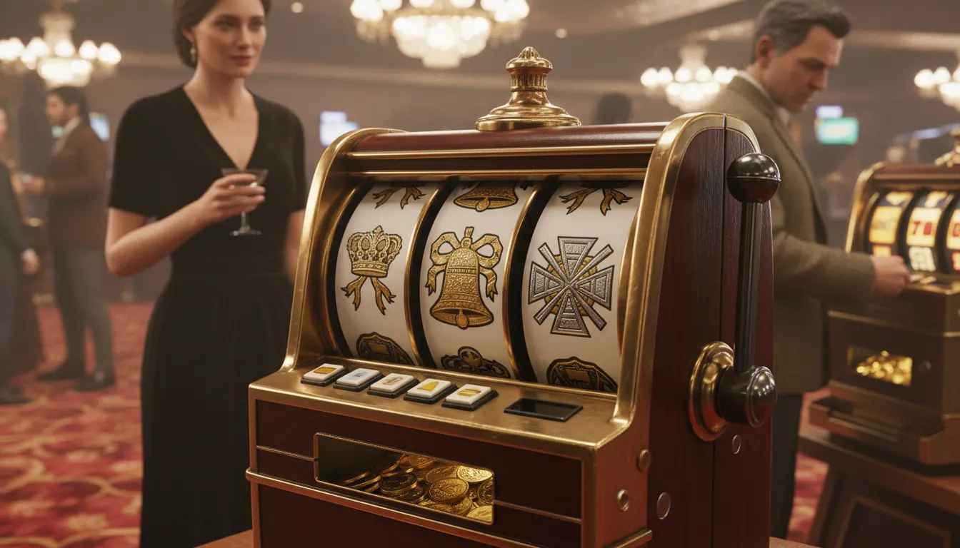 Classic casino slot machine with ornate decorative symbols on gaming floor with warm lighting