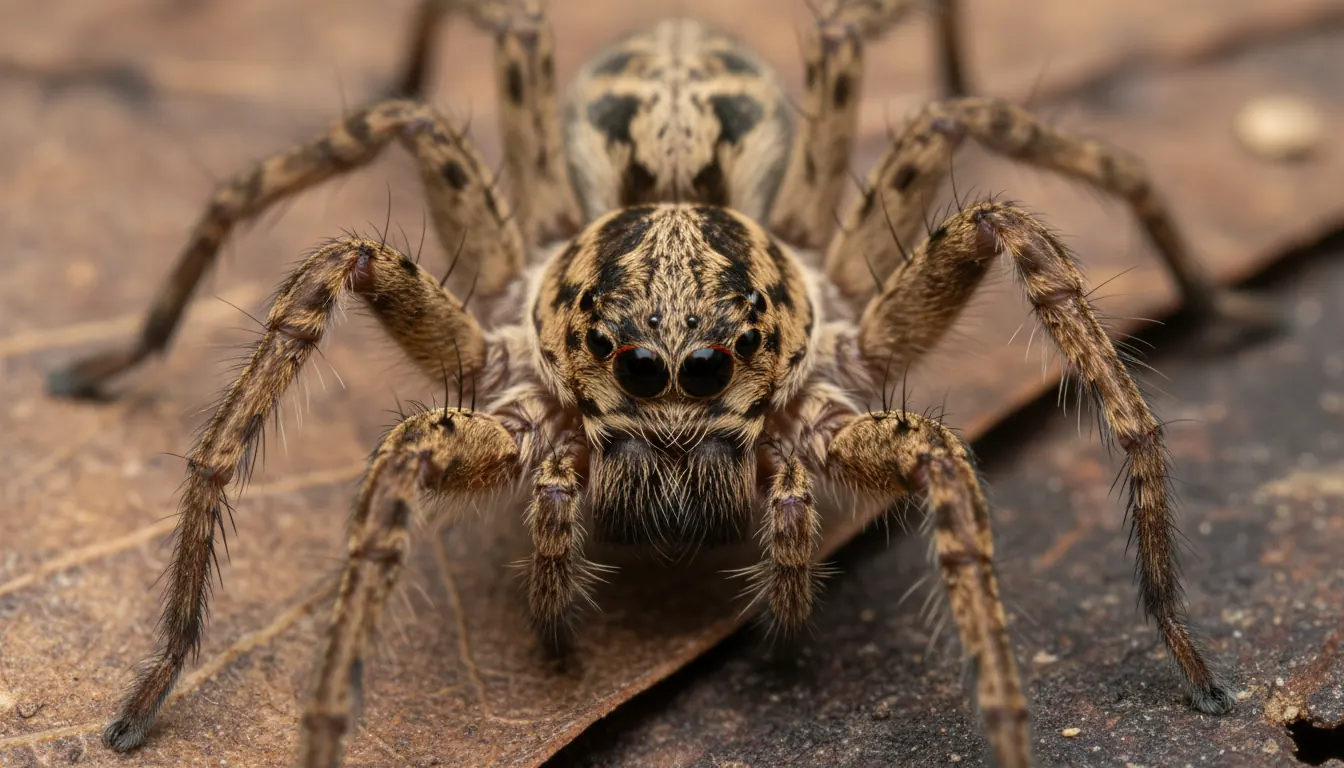 Close-up view of wolf spider showing distinctive eight-eye arrangement and brown hairy body