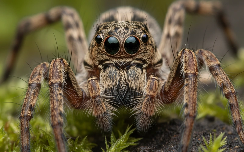 Close-up macro photograph of wolf spider face showing characteristic three-row eye arrangement