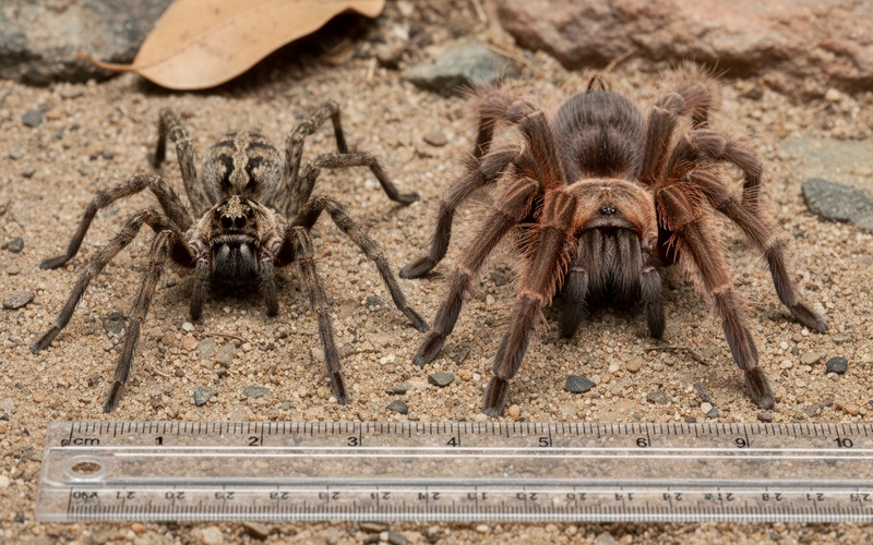 Side by side photograph showing size difference between wolf spider and tarantula with measurement scale